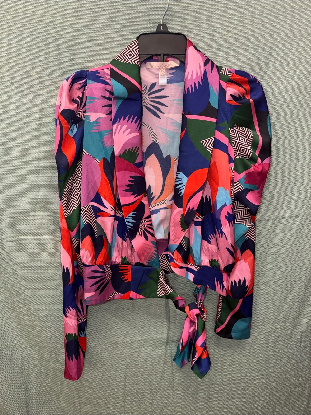 Hutch Pace Top Satin Wrap Blouse Multicolor Zany Floral Size XS